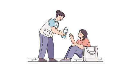 Fototapeta premium A compassionate volunteer offers a bottle of water to a person in need sitting on the street, illustrating essential humanitarian aid and community support.