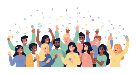 A vibrant, diverse group of happy individuals joyfully celebrates a shared success or achievement with hands raised amidst colorful falling confetti.