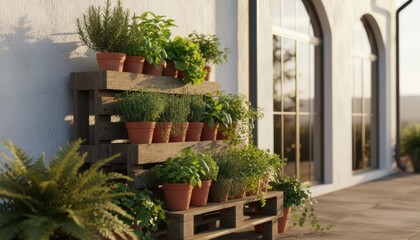 Various fresh green culinary herbs in terracotta pots arranged on a rustic wooden pallet stand on a sunny patio against a white wall with a large window in soft golden hour light