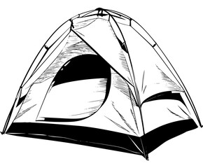 Elegant Escape: Serene Black White Camping Adventure | Clean, isolated vector art for creative projects.