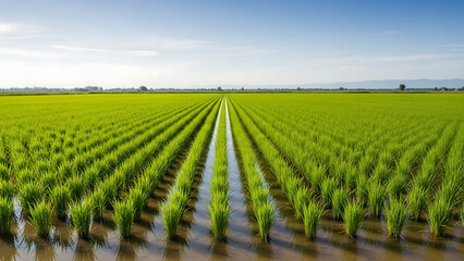 rice field in thailand, Young green onion plants grow in neat rows on fertile farm soil. Agricultural field stretches towards horizon under clear sky. Healthy crop cultivation on rural land.