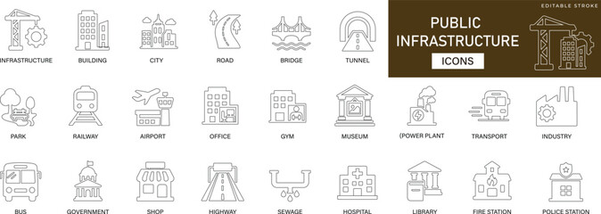  public infrastructure line icon set featuring roads, police, shop, station, bridges, gym, government, office, utilities, transportation, water supply, energy, communication, and civic facility symbol