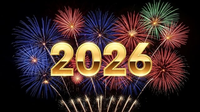Festive greeting design with bold golden 2026 numerals centered against a backdrop of vibrant red, blue, and green fireworks in a black night sky