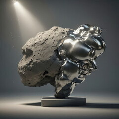 A powerful 3D abstract statue symbolizing body transformation, transitioning from raw stone to refined metal, representing progress, discipline, and lifestyle change.