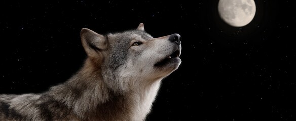 Obraz premium Wolf singing to the full moon like a midnight poet in a dark sky.