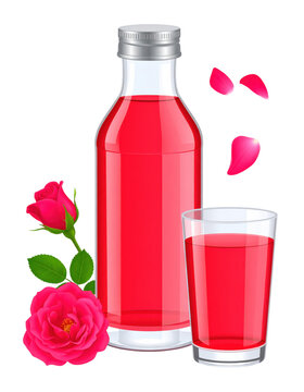 Vibrant pink rooh afza rose syrup drink with milk in a glass, a south asian summer beverage, isolated on a white background