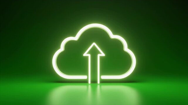 Brightly glowing green cloud icon with an upward arrow, representing secure digital data upload and efficient online storage on a sleek, dark background