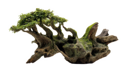 Unique bonsai tree with mossy wood, perfect for Zen gardens and natural home decor isolated on a transparent background