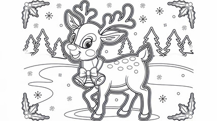 Kids Christmas coloring page featuring a cute reindeer with bells on its neck and a festive bow. Thin black contour with simple clear outlines and many small decorative details. Black and white printa