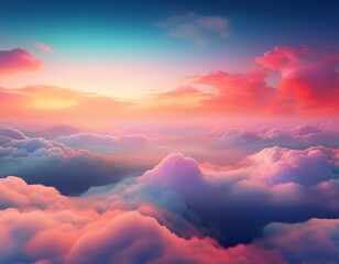 Obraz premium flying above a dense layer of clouds at sunrise with beautiful colorful gradient sky inspiration and dreaming concept wide background