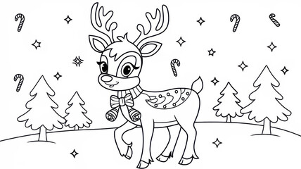 Kids Christmas coloring page featuring a cute reindeer with bells on its neck and a festive bow. Thin black contour with simple clear outlines and many small decorative details. Black and white printa