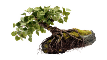 Unique bonsai tree artfully growing on a mossy rock, a serene touch of nature indoors isolated on a transparent background