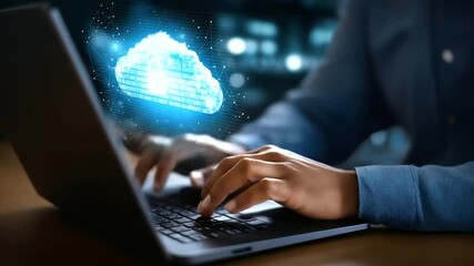 Faceless programmer using laptop with padlock, defocused cloud computing elements, cyber security network concept, data protection technology, internet safety system, digital manag