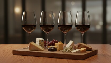 Four glasses of red wine with an assorted cheese platter, grapes, and bread on a wooden board for a gourmet tasting experience in a restaurant with warm, atmospheric lighting
