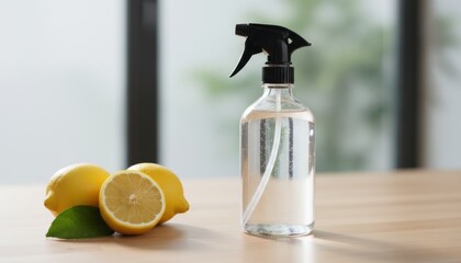 Clear glass spray bottle with homemade cleaner and fresh lemons for a natural, non-toxic, eco-friendly household cleaning solution on a wooden kitchen counter