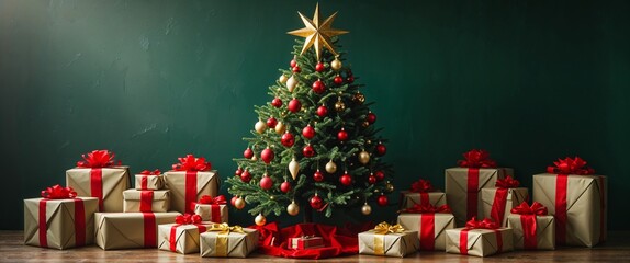 Decorated Christmas Tree Topped with Gold Star Placed in Dark Green Room with Many Beautifully Wrapped Presents Underneath Symbolizing Cheer and Festive Atmosphere