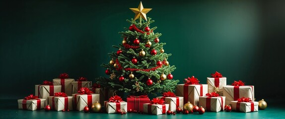 Festively Decorated Christmas Tree with Red Garland and Ornament Placed on Floor Between Many Wrapped Gifts with Red Bows Placed Against Dark Green Wall and Floor