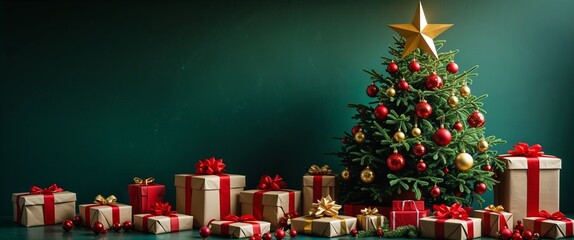Decorated Christmas Tree with Red Ornaments Surrounded by Beautiful Wrapped Gifts with Red Ribbons Placed in Dark Green Room Symbolizing Cheer and Festive Atmosphere