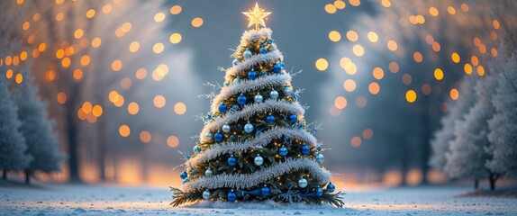 Decorated Fir Tree in Winter Wonderland Glowing with Golden Star and Sparkling Lights Standing in Snowy Landscape Under Blue Sky on Cold Evening Surrounded by Bare Trees