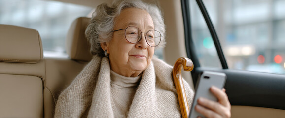 Elderly woman with glasses and gray hair sitting in car wrapped in warm scarf holding wooden cane and looking at smartphone