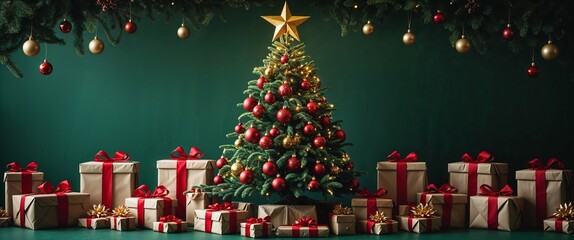 Beautifully Decorated Coniferous Tree with Golden Star and Baubles with Wrapped Gifts Underneath Placed Against Green Wall and Garland of Fir Branches and Ornaments Backdrop