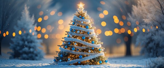 Decorated Fir Tree Glowing with Star and Sparkling Lights Standing in Snowy Landscape Under Blue Sky on Cold Evening Surrounded by Bare Trees in Frozen Winter Wonderland