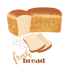 loaves of bread are drawn in a flat style with texture, isolated on a white background with the inscription fresh bread. whole and sliced bakery products. stock vector illustration. EPS 10.