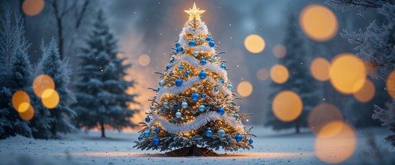 Decorated Fir Tree Glowing with Star and Sparkling Lights Standing in Snowy Landscape Under Blue Sky on Cold Evening Surrounded by Bare Trees in Winter Wonderland