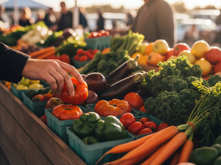 Hand Choosing Fresh Heirloom Tomato at Farmers Market