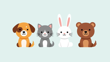 Cartoon illustration of a dog, cat, rabbit, and bear sitting together.