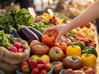 Hand Choosing Fresh Heirloom Tomato at Farmers Market