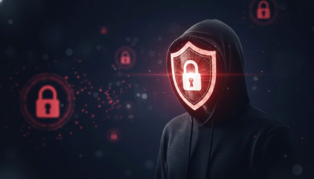Faceless hooded hacker with a glowing red shield and padlock icon for a face representing cybersecurity, privacy, and digital protection on a dark abstract background
