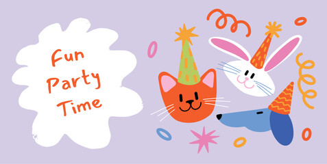 Bright and playful party illustration for kids with cute animals in festive hats. Cat, rabbit and dog. Confetti and streamers. Design for greeting cards or birthday invitations