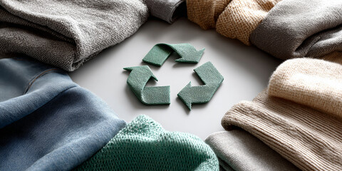 Recycling symbol made of fabric surrounded by folded knitted sweaters in neutral and pastel colors on white surface