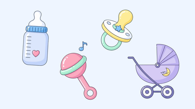 Baby items: bottle, pacifier, rattle, and stroller illustration.