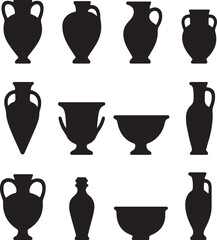different vase shape icons, ancient pottery form, decorative container outline series, cad drawing flat silhouette vector illustration