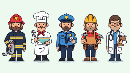 Cartoon illustration of various professions: firefighter, chef, police, builder, doctor.