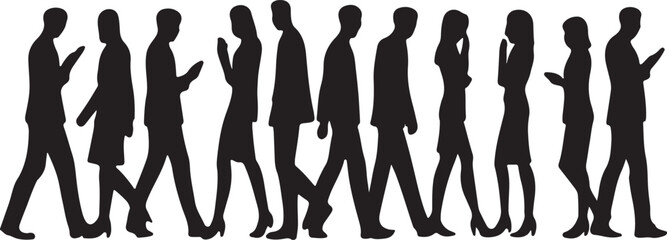  people walking, standing, using phone, office attire, male and female poses, casual business postures clean silhouette vector illustration