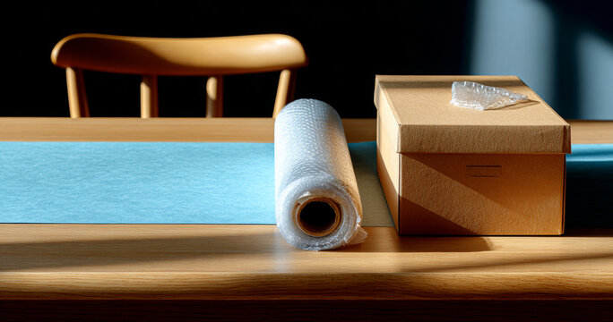Roll of bubble wrap and cardboard box on wooden table with blue paper and chair in background under natural light