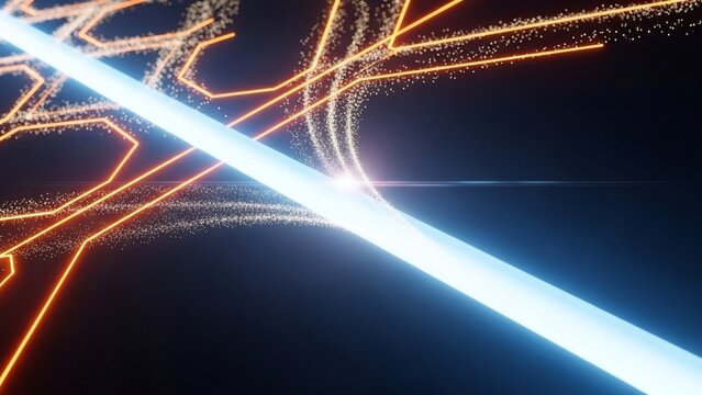 A bright blue beam of light cuts across a dark background with glowing orange digital network lines and particles.
