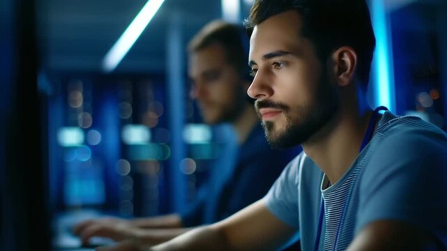 Faceless engineers in data center with device, defocused server equipment, firewall verification concept, IT teamwork technology, vulnerability scanning system, network security in