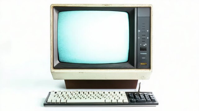 Video An old television set with a attached keyboard and mouse, suitable for use in vintage themed settings or as a prop