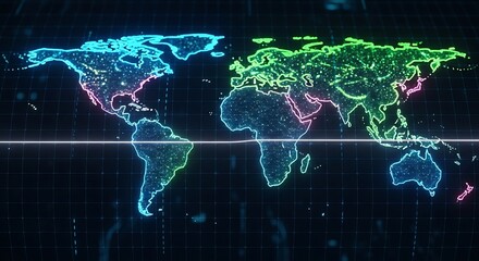 Futuristic digital world map with glowing neon continents.