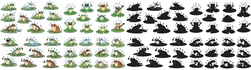 Frogs on lily pads in rain with black and white versions