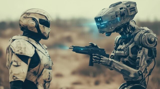 Armored Soldier Battling Robot in a Futuristic War, Futuristic battle scene featuring an armored soldier fighting a large robot