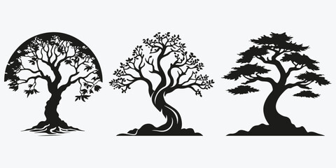 dragon tree silhouette sketch illustration vector set
