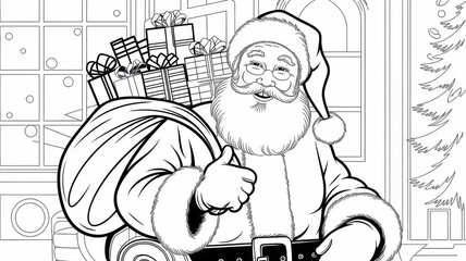 Children’s Christmas coloring page featuring a smiling Santa Claus with a large bag full of gifts. Thin black line art with simple clear contours and many decorative details for careful coloring. Blac