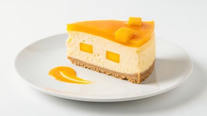 Slice of mango cheesecake with fruit topping on a plate isolated on white background