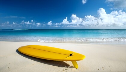 yellow surfboard on sandy tropical beach under sunny sky
