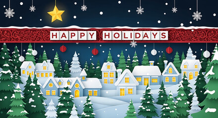 A charming winter village scene featuring snowcovered houses, glowing windows, festive pine trees, and a happy holidays banner